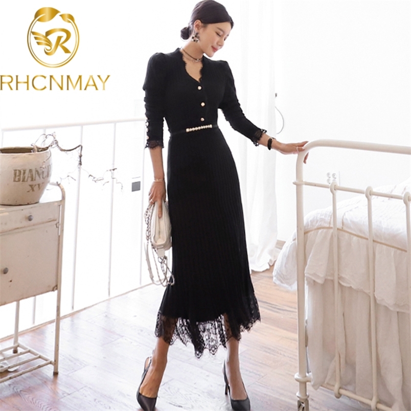 Autumn and winter 2PCS Set Women Knitted Long Sleeves Splicing Lace Single Breasted Sweater top + skirt two piece 210506