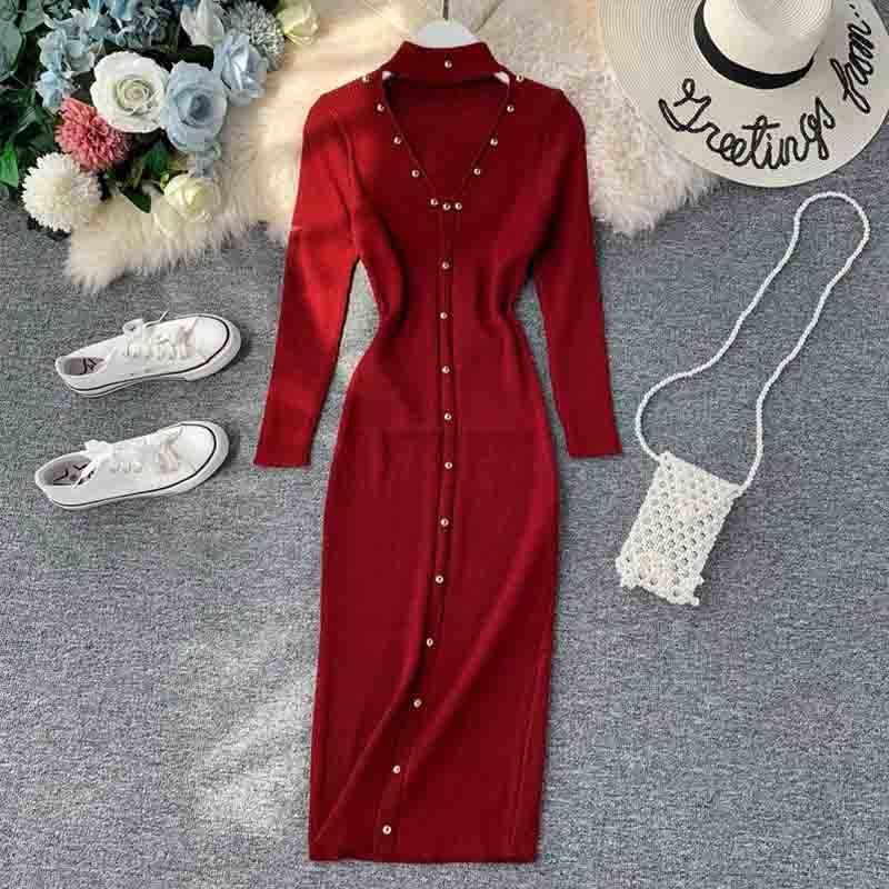 Autumn Winter Long Sweater Dress Women Long Sleeve Halter V-neck Sexy Knitted Dress Elastic Slim Bodycon Dress Robe Femme 210521