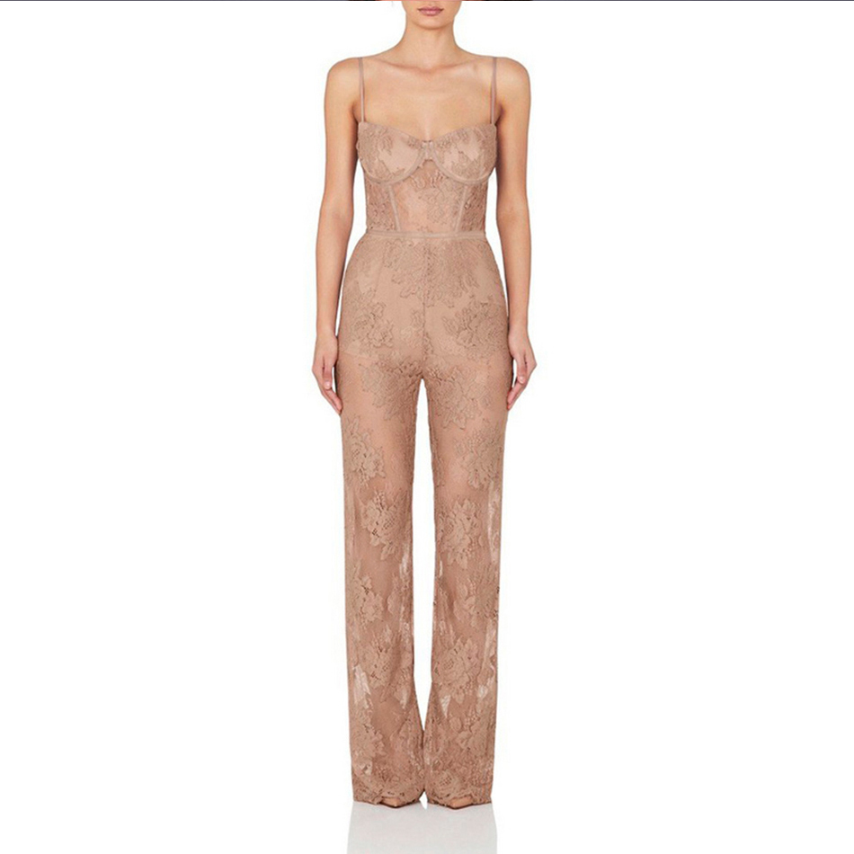 Summer Women Runway Bandage Jumpsuit Rompers Elegant Lace Spaghetti Strap Sexy Bodysuit Vestido Clubwear 210423