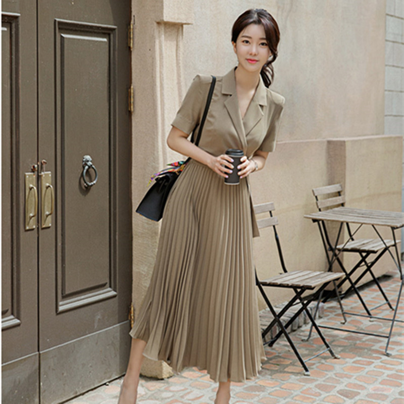 Summer Dress Women OL Elegant Short Sleeve Solid Suit Collar Office Ladies Professional Pleated Long Dresses 210421