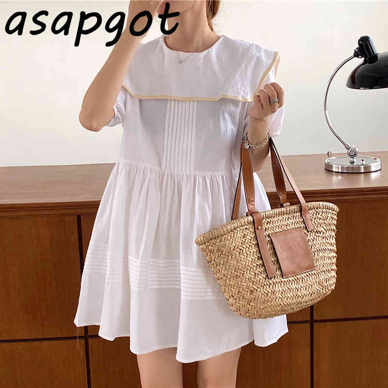 Chic Korean Preppy Style Summer Contrast Color Sailor Collor Dress Mini Student Loose Short Sleeve Doll Retro Vestido 210429