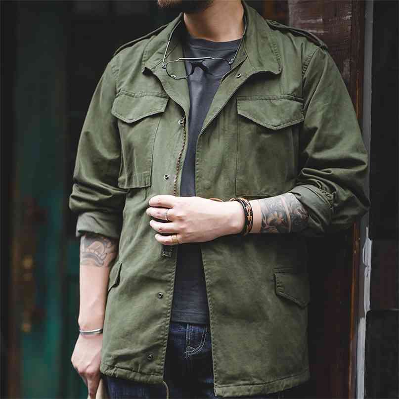 Maden Men's Retro Blazer Jacket Army Green and Blue Multi-pocket M65 Denim Jacket Men's Military Embroidered Denim Jacket 210820