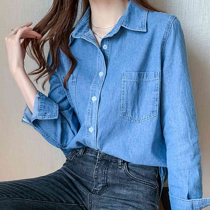 Autumn Loose Denim Women's Blouse Casual Blue Long Sleeve Cardigan Shirts Women Solid Ladies Clothing Blusas Mujer 11967 210508