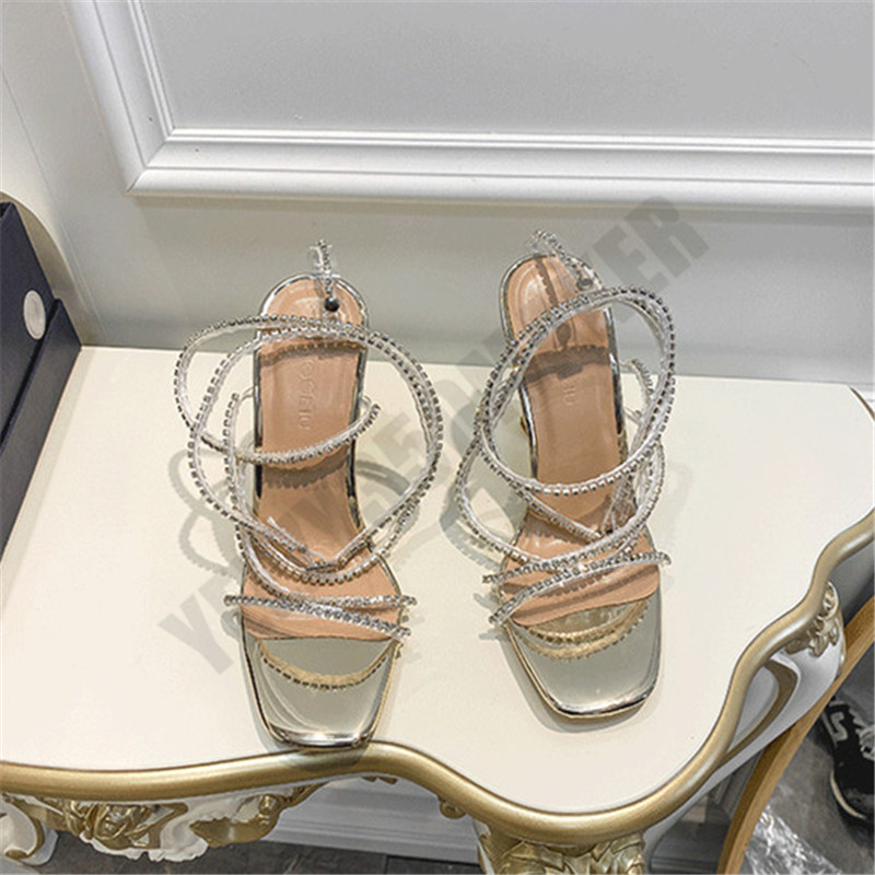 2021 Sandals High heel Squared rhinestone high-heeled cross strap silver Gold Snakelike twining sandal women summer peep-toe transparent stiletto
