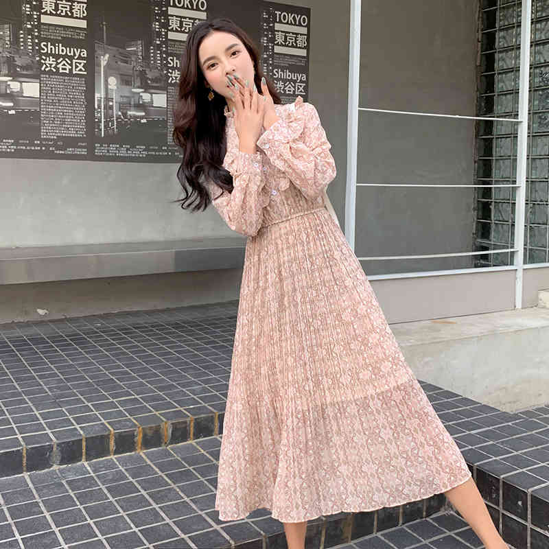 Spring Elegant Stand Collar Ruffles Women Dress Long Sleeve Geometric Plaid Female Chiffon Pleated Vestidos 210520