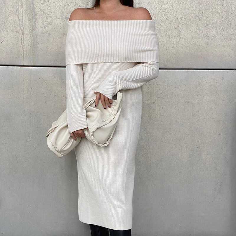 Vintage Women Elegant Off The Shouder Bomb Knitted Long Dresses Spring Fashion Ladies Slim Chic Dress Female Stylish 210527