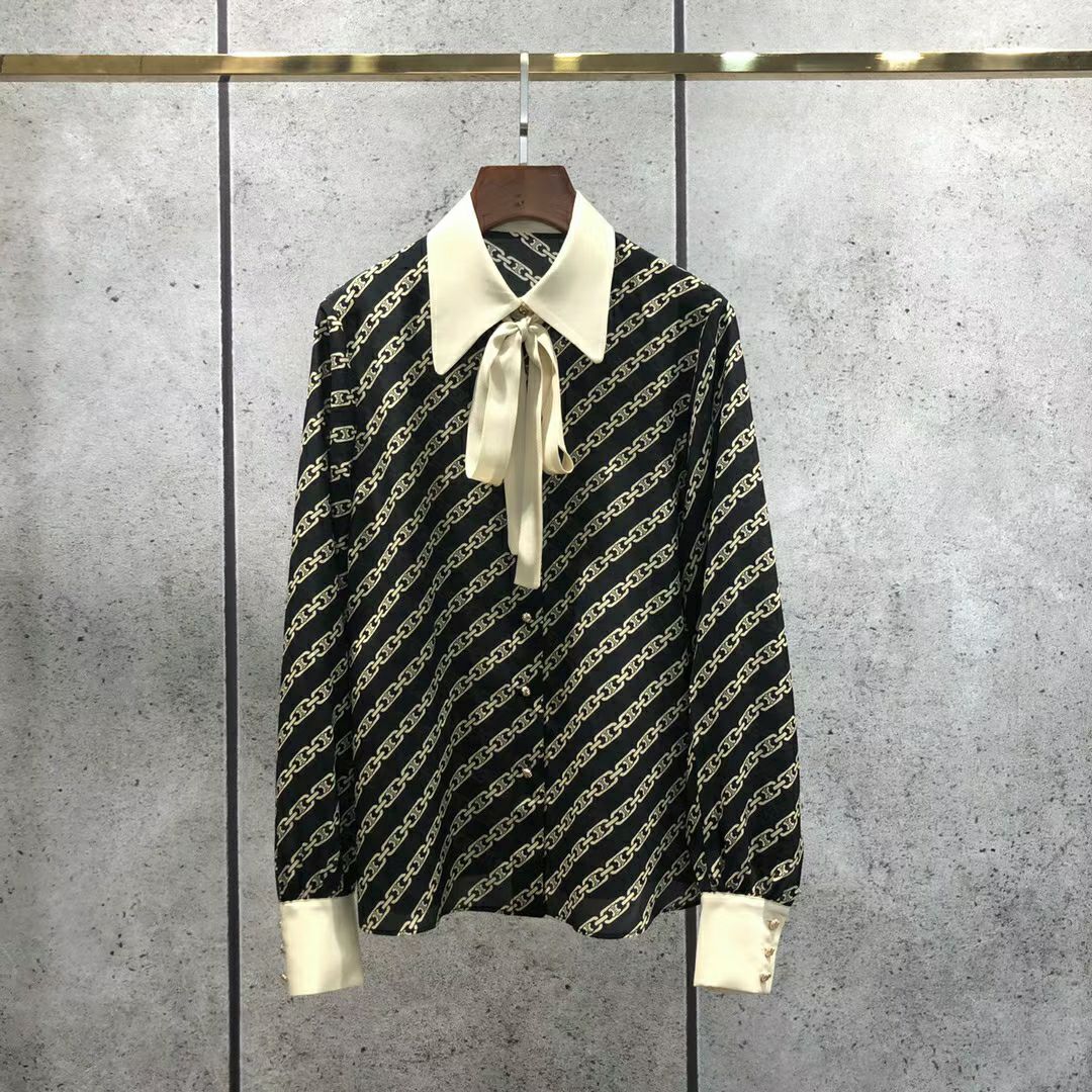 Lisa celebrity style chain printed bow tie office lady blouse shirt women female black turn down collar tops fashion chic 210421