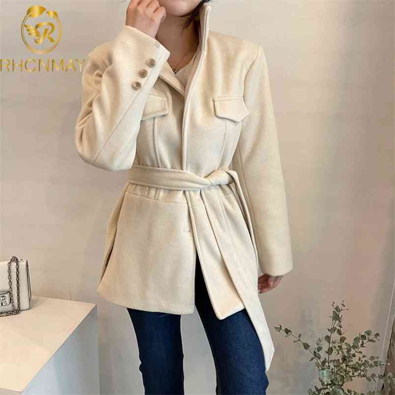 Korea Autumn Winter Minimalist Long Sleeve Office Ladies Jackets with Belt Business Female Single Breasted Woolen Coat Elegant 210506