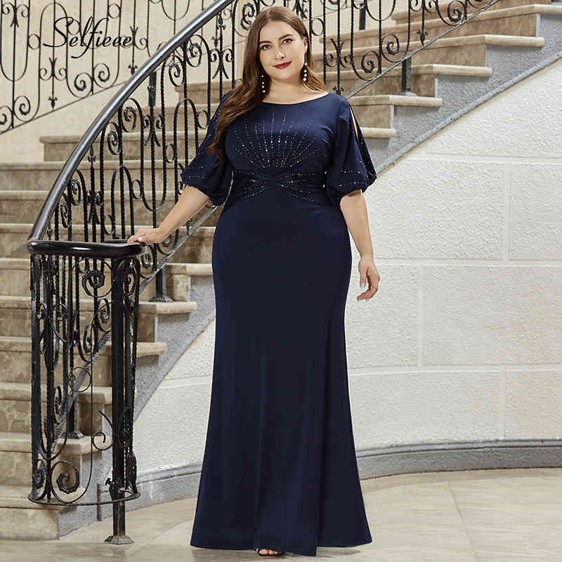 Plus Size Women Dress Mermaid Beaded Half Sleeve O-Neck Bodycon Evening Party Dress Ladies Long Formal Dress Vestido De Festa 210331