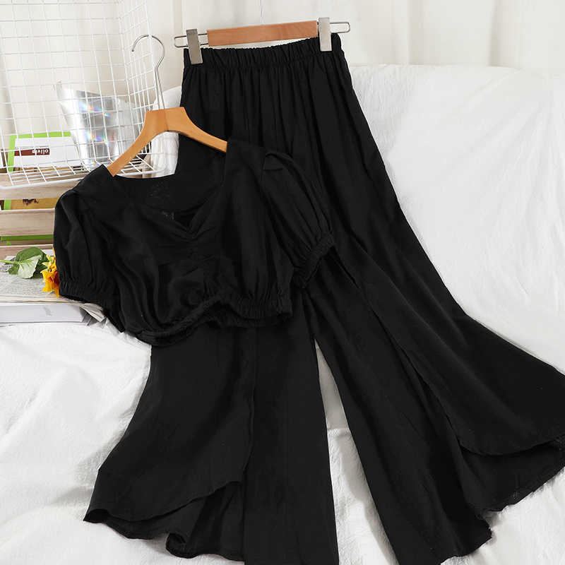 DEAT Women Square Collar Pleated T-shirt Split Long Pants Arrivals Two Piece Set Fashion Spring Summer 11D838 210709