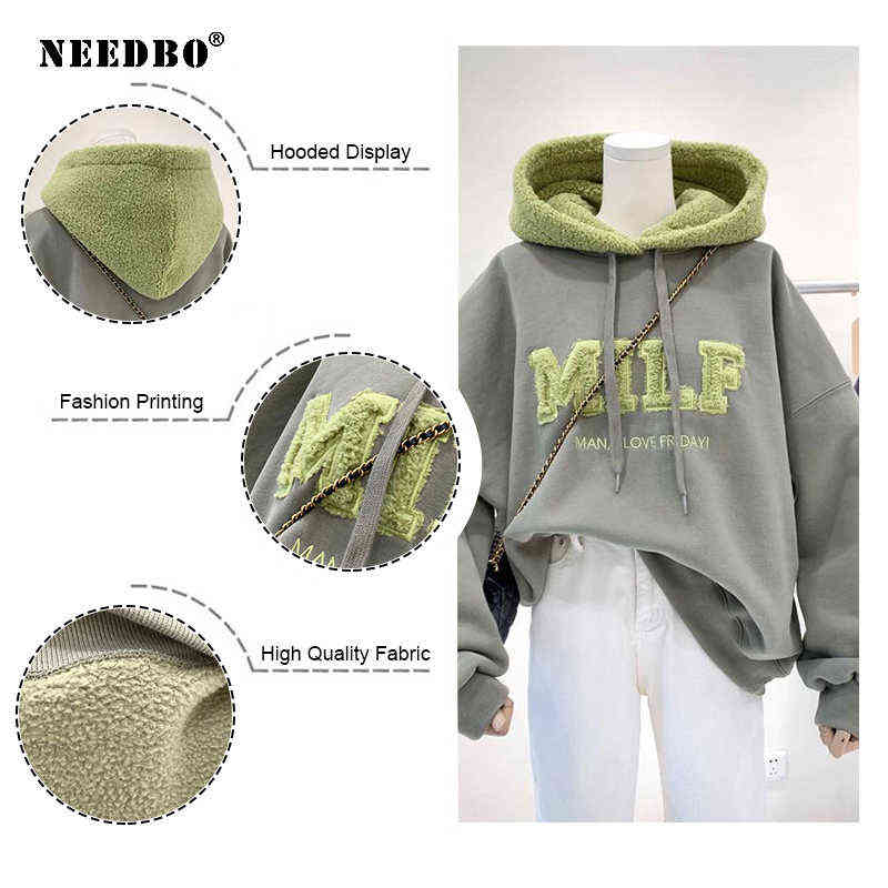 NEEDBO MILF Hoodie's Sweatshirts Letter Print Lamb Wool Pullovers Loose Korean Style Jacket Full Sleeve Casual Tops 211104