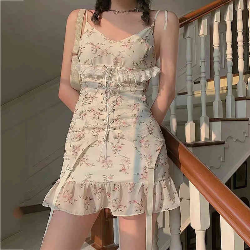 Foridol Lace Spliced Floral Print Bodycon Mini Dress Women Strappy Summer Boho Sundress Lace Up Vintage Sleeveless Dress Vestido 210415