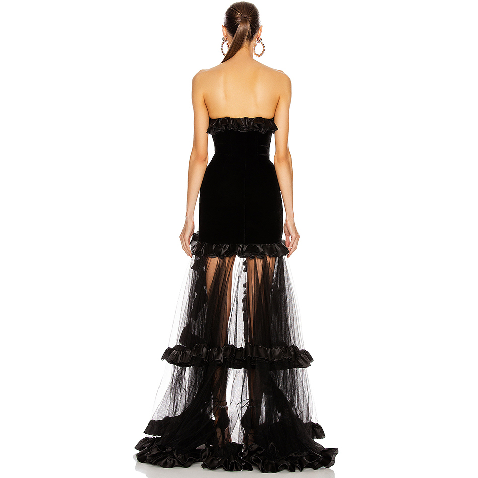 Summer Women Strapless Lace Bandage Maxi Dress Sexy Sleeveless Ruffles Club Celebrity Evening Runway Party 210423