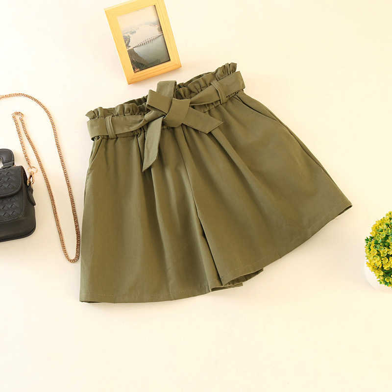 Elastic waist tie bow Loose Cotton shorts Womens summer Korean ruffles wide leg for women wild casual Shorts 210714