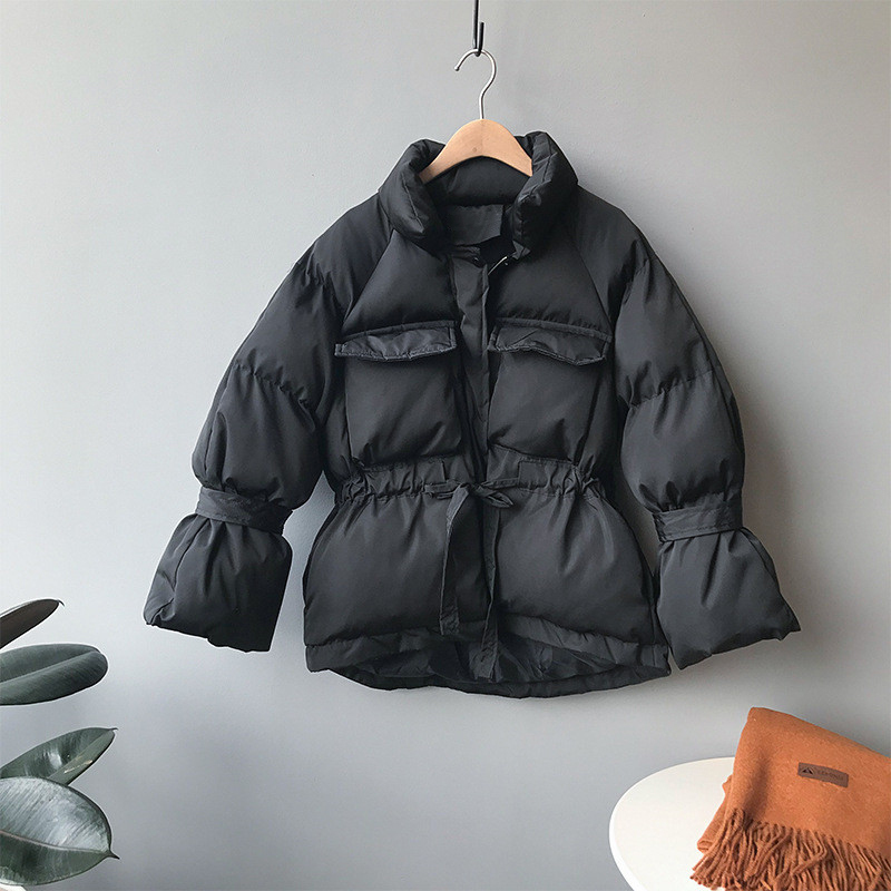 Solid Fashion Women Parka Coat Elastic Waist Pockets Stylish Jacket Winter Collection Zipper Thicken Warm Coats Outerwear Lady 210515