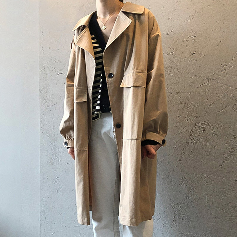 Women Solid Casual Trench Coat Turn Down Collar Loose Office Wear Long Coat Big Pocket Korean Gray Khaki Windbreaker 210414