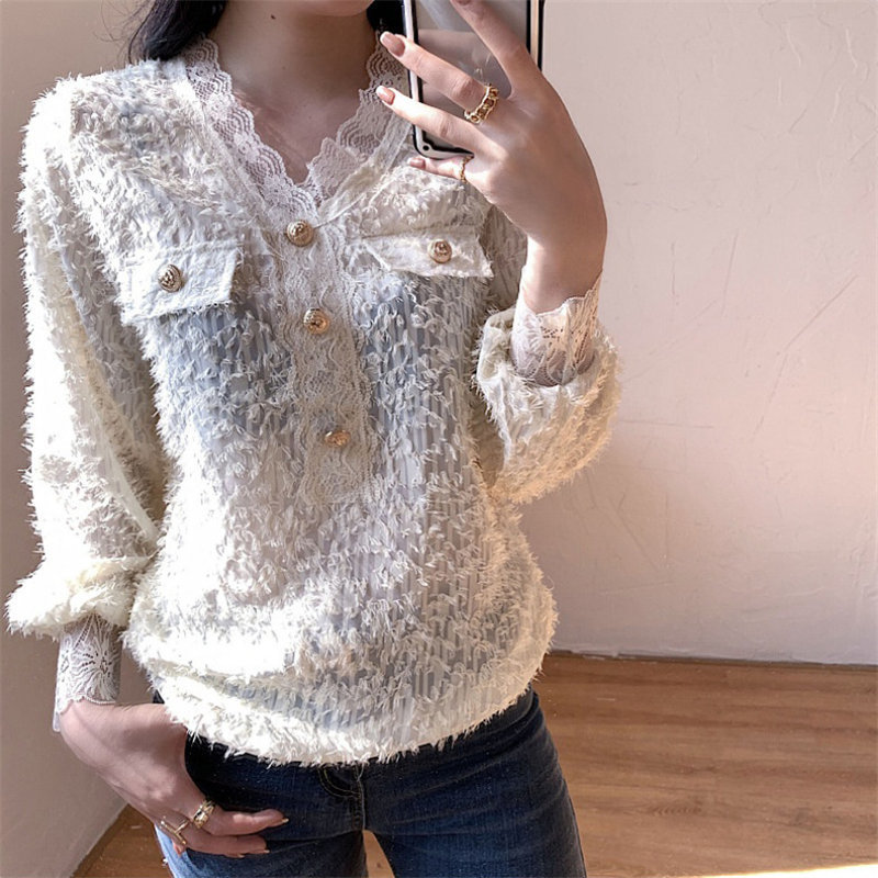 Brief Tassel Lace Elegance Loose V-Neck Lantern Sleeves Women Office Lady Gentle Chic Blouse Fashion Shirts 210421