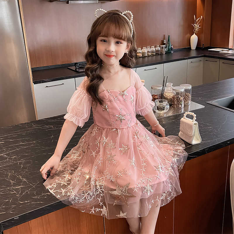 Shiny Girls Sequins Stars Dress Fluffy es for Old Kids Embrodiery Sparkle Party Birthday Vestidos 8-12 Yrs 210529