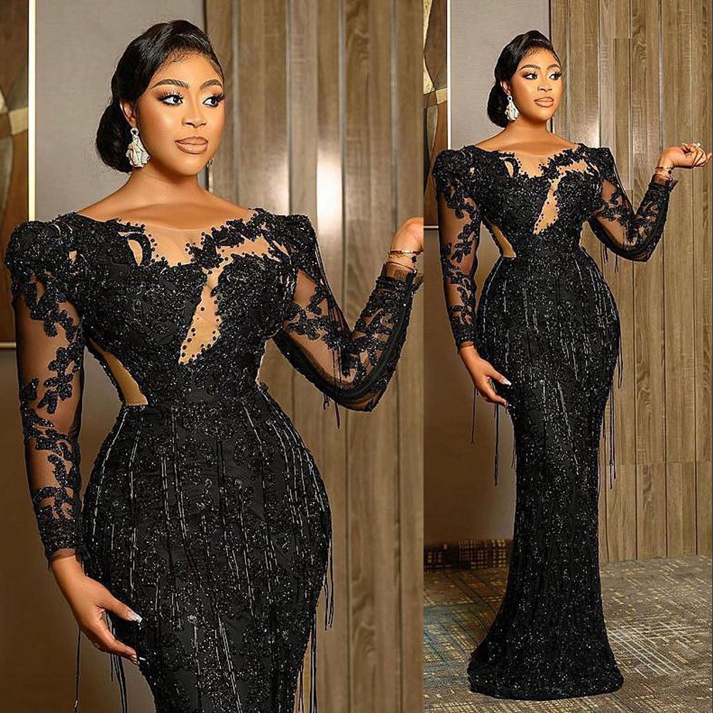 Sexy Sequins Arabic Dubai Prom Dresses Black Sequined Lace Bling Crystal Beads Long Sleeves Mermaid Plus Size Party Evening Gowns Cutaway Sides Floor