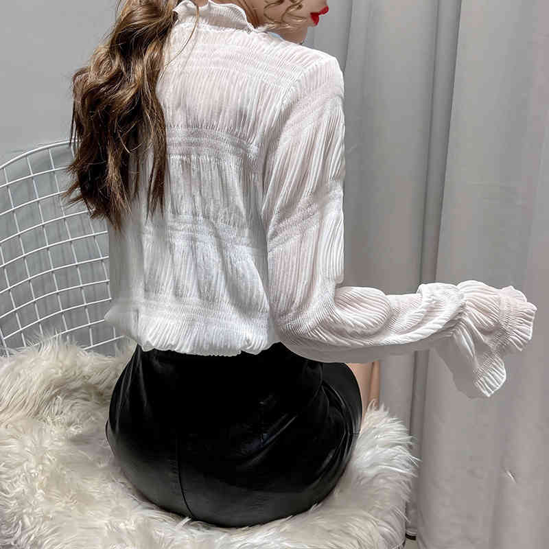 Women Flare Sleeve Half Turtleneck Blouses Spring Autumn Long Lace Patchwork Chiffon Shirt Female Pleated Blusas Top 210514
