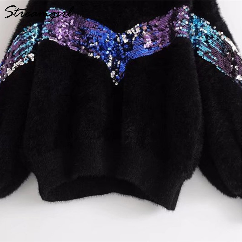 Mohair Sweater With Sequins Women White Turtleneck Sweater Pullover Sweaters Women Sweters Patch Thick Winter Warm Sweaters 210421