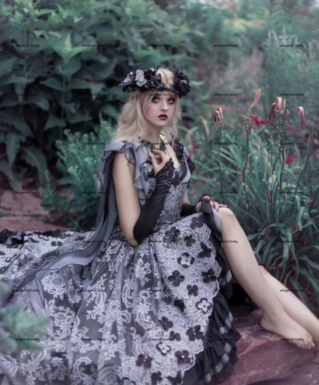 Grey Black Lace Gothic Evenig Dresses 2022 Mystic Garden Butterfly Lace-up Corset Top Renaissance Halloween Cosplay Prom Dress Plus size