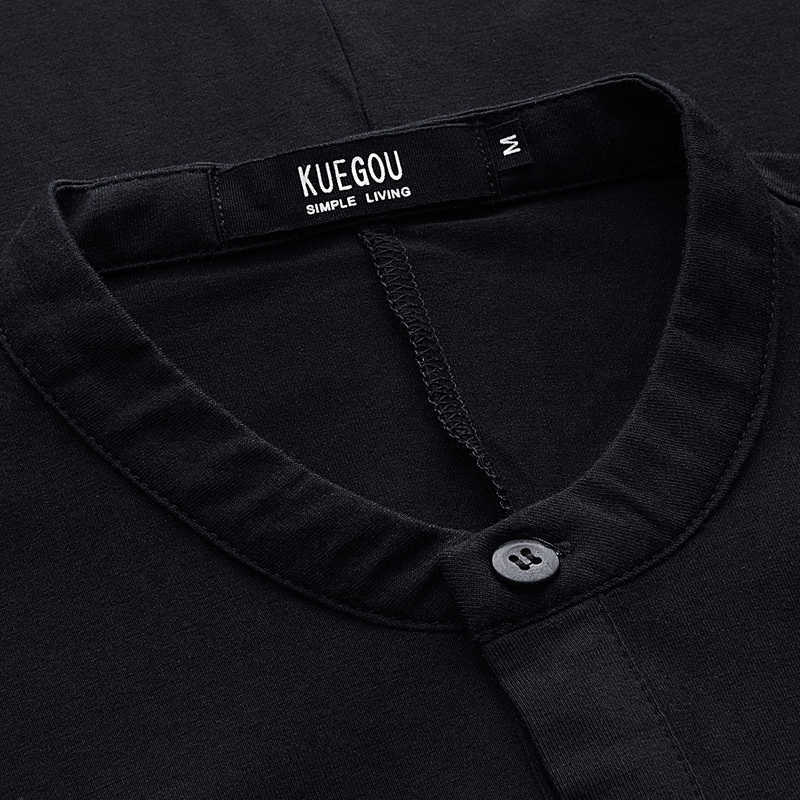 KUEGOU Cotton elastic men's long sleeve t shirt male slim autumn open collar men's fashion tshirt top plus size ZT-765 201004