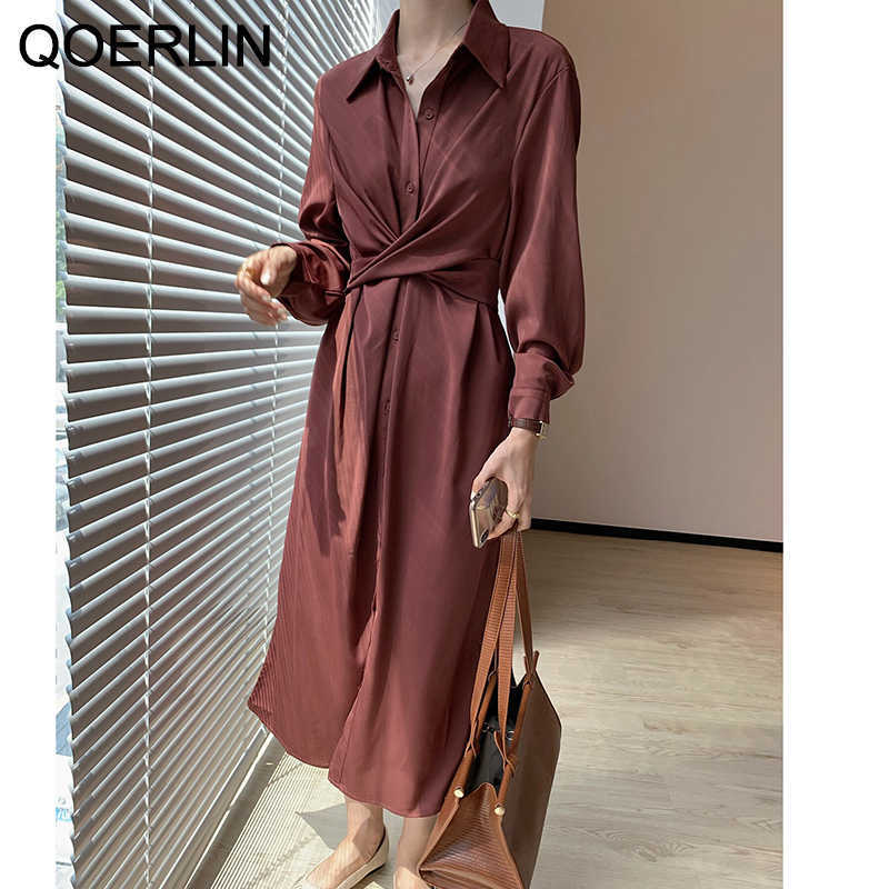 French Temperament High Waist Slim Criss-cross Shirt Dress Women Turn-Down Collar Single-Breasted Long Vestidos Mujer 210601