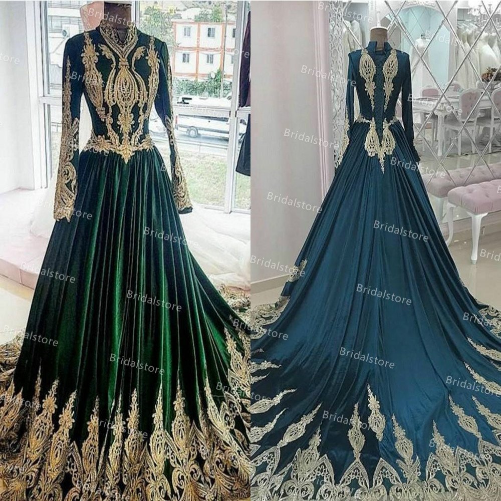 Long Sleeve Arabic Kaftan Moroccan Evening Dresses 2021 High Neck Gold Appliques Green Muslim Prom Dress A Line Floor Length Silk Satin Formal Recepti