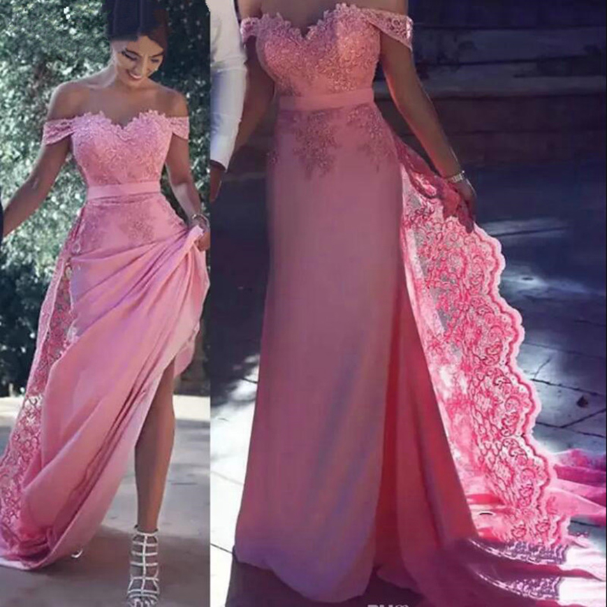 2021 Long Evening Dresses Off Shoulder With Lace Applique Formal Women Guest Dresses Back Zipper Court Train Pink Prom Gowns