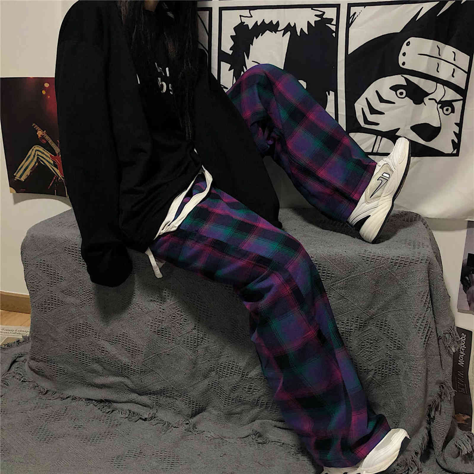 HOUZHOU Harajuku Plaid Pants Women Street Style Korean Wide Leg Purple Oversize Checked Trousers For Female Aesthetic 211124