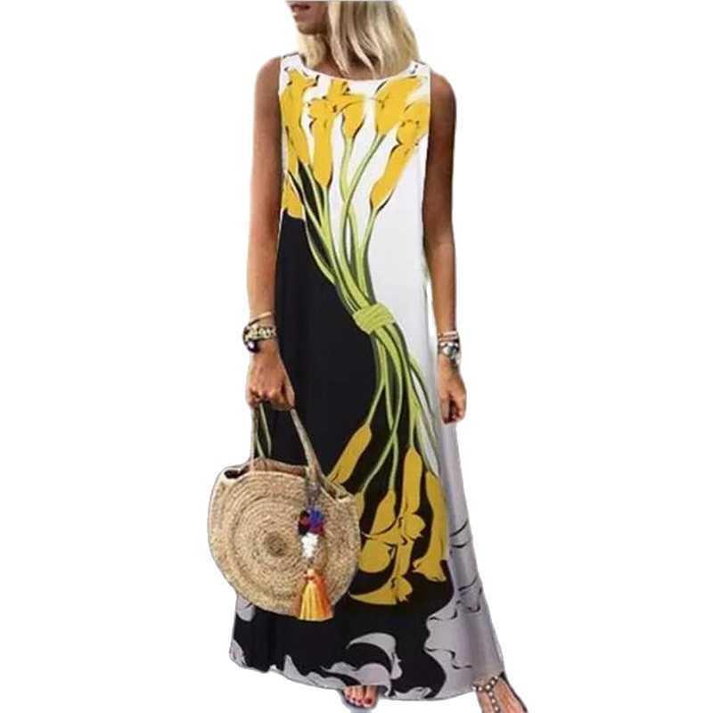 Women Summer Maxi Dress Elegant O Neck Floral Butterfly Sexy Plus Size Casual Linen Loose Sleeveless Print Beach Sundress 210526