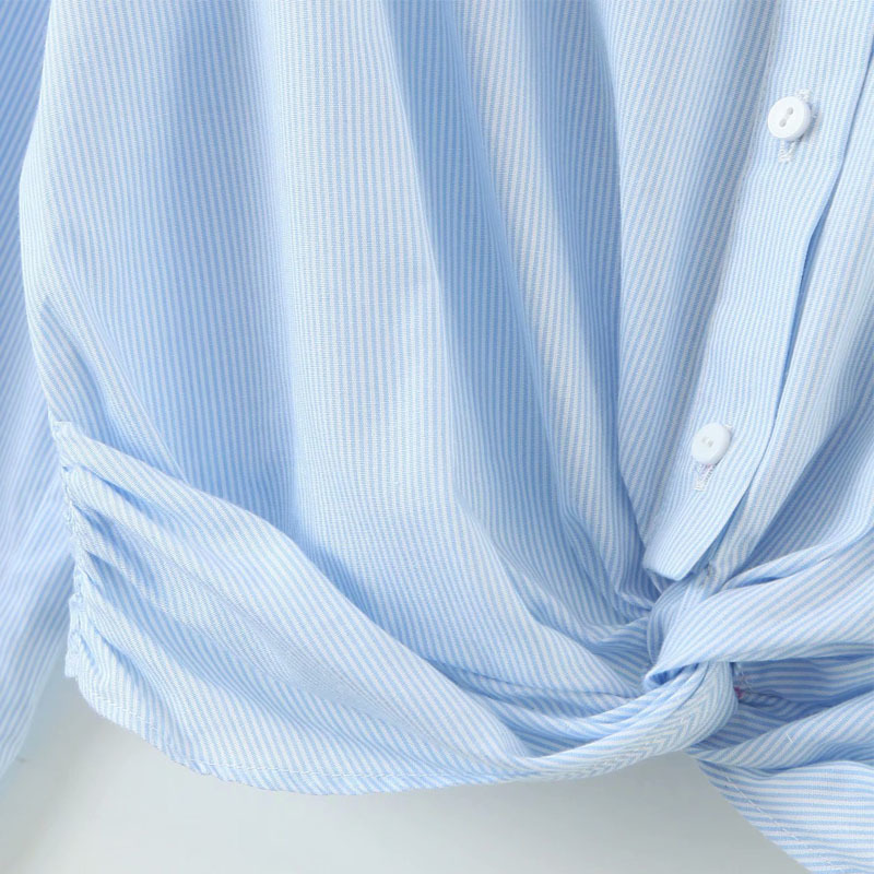 Lapel Long-sleeved Single-breasted Blue Summer Short Exposed Navel Women's Shirt Loose Thin Leisure Vacation Chic Female Tops 210507