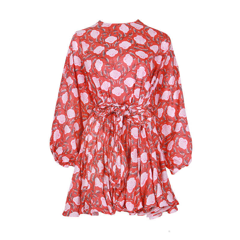 TWOTWINSTYLE Hit Color Print Dresses Women Long Sleeve O Neck High Waist Lace Up Female Dress Spring Casual Fashion 210630