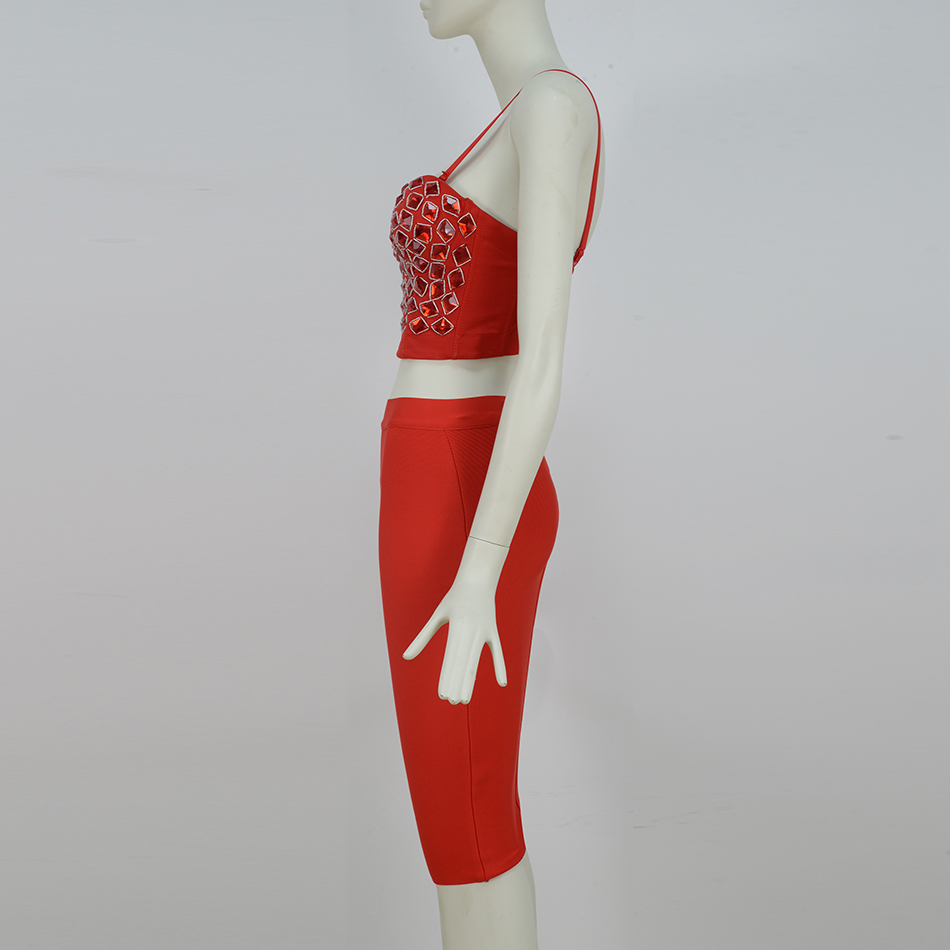 Free Women Bandage Skirt Set Sexy Spaghetti Strap Beaded Tank Top & High Waist Two-piece Club Party 210524