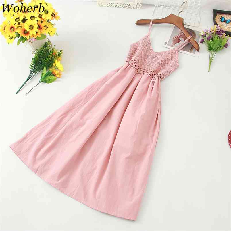 Summer Spaghetti Strap Dress Women Sexy Sleeveless Crochet Hollow Out Vestidos Beach A-line Dresses High Waist 26030 210519
