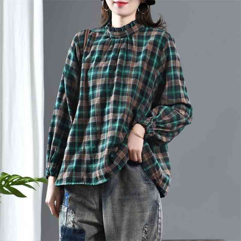 Spring Autumn Arts Style Women Long Sleeve Loose Blouse Femme Tops Vintage Plaid Cotton Linen Shirts high quality V201 210512