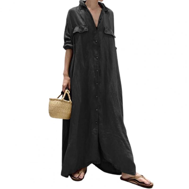 Casual Dresses Plus Size Elegant Women Shirt Dress Maxi Single-breasted Solid Color Extra Long Turn-down Collar Loose Autumn