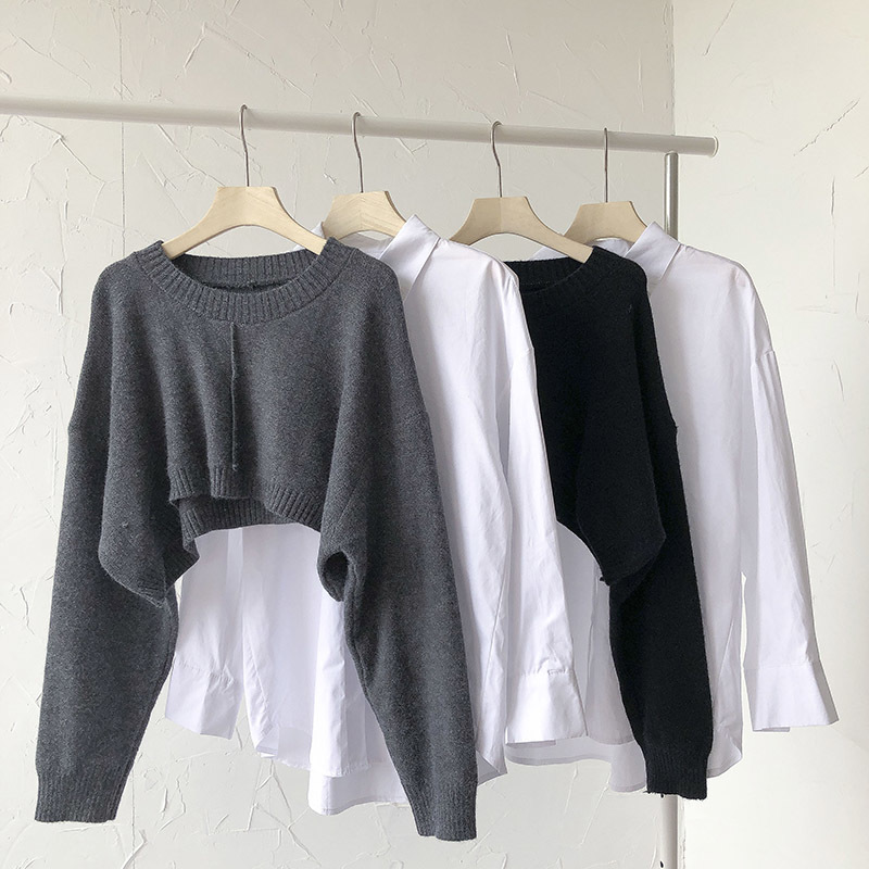 Nomikuma Spring New Women 2pieces Suits Long Sleeve Causal Solid Blouse + Super Short Knitted Pullovers Korean Sets 6E094 210427