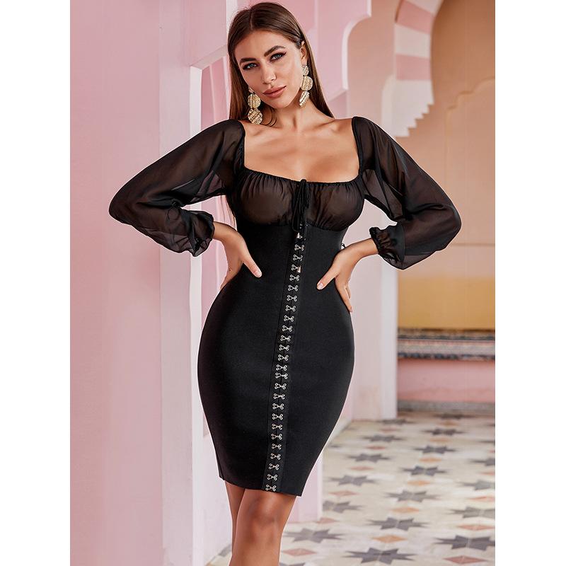 Autumn Bandage Dress Sexy Mesh See-through Long-sleeved Fashion Slim Knit Bag Hip Banquet Mini Casual Dresses