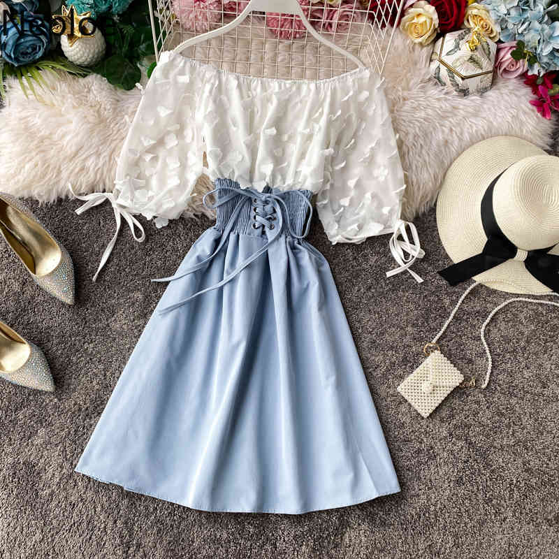Boho Sexy Off Shoulder Patchwork Summer Dress Party Flower Chiffon Slim Lace Up Women Casual A-Line Beach 49633 210422Z