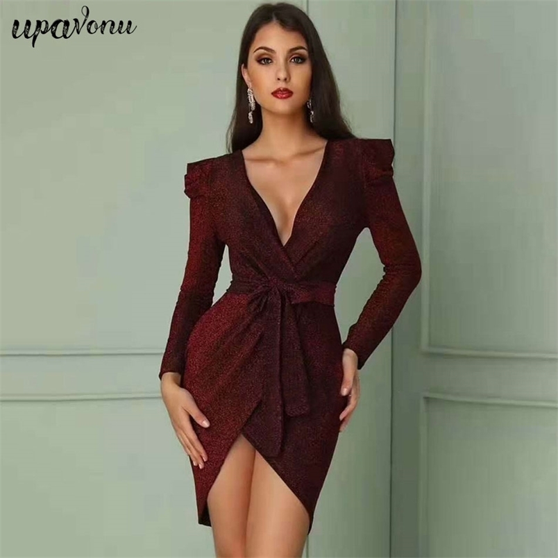 Free Women Sexy Shiny Dress V-neck Long Sleeve Bodycon Lace-Up Dresses Celebrity Club Party Irregular Vestidos 210524