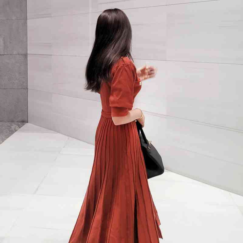 Temperament Woman Elegant Button Knitted Sweater Pleated Dress Korean Summer Puff Sleeve Knitt Midi Dress Vestidos 210518