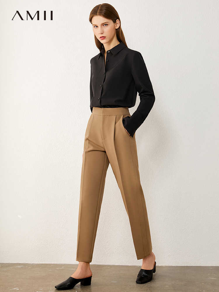 Minimalism Spring Autumn Women's Suit Pants Causal Offical Lady Solid Pleated Straight Ankel-length Female 12030407 210527