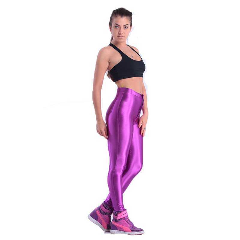 Solid Fluorescent Leggings Women Casual Plus Size Multicolor Shiny Glossy Legging Female Elastic Pant Sporty Clothes 210925