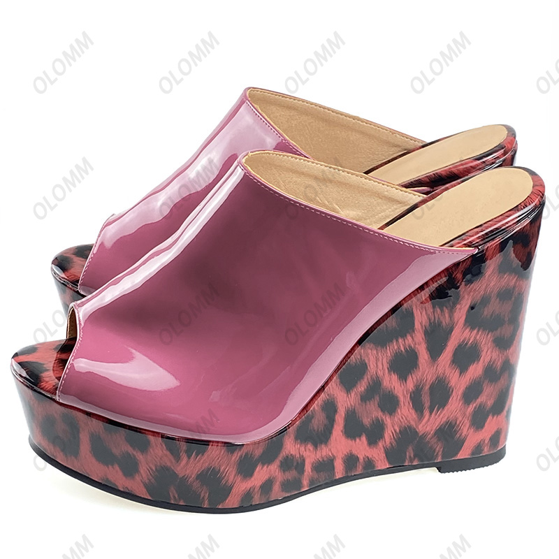 Rontic Women Platform Mules Sandals Slippers Red Leopard Wedges Heels Open Toe Gorgeous Party Shoes Women US Plus Size 5-20