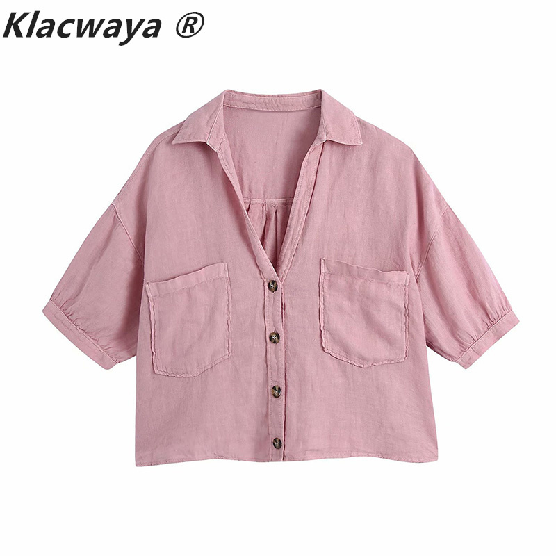 Women Fashion Candy Color Double Pockets Loose Linen Smock Blouse Lady Buttons Short Shirt Chic Kimono Blusas Tops 210521