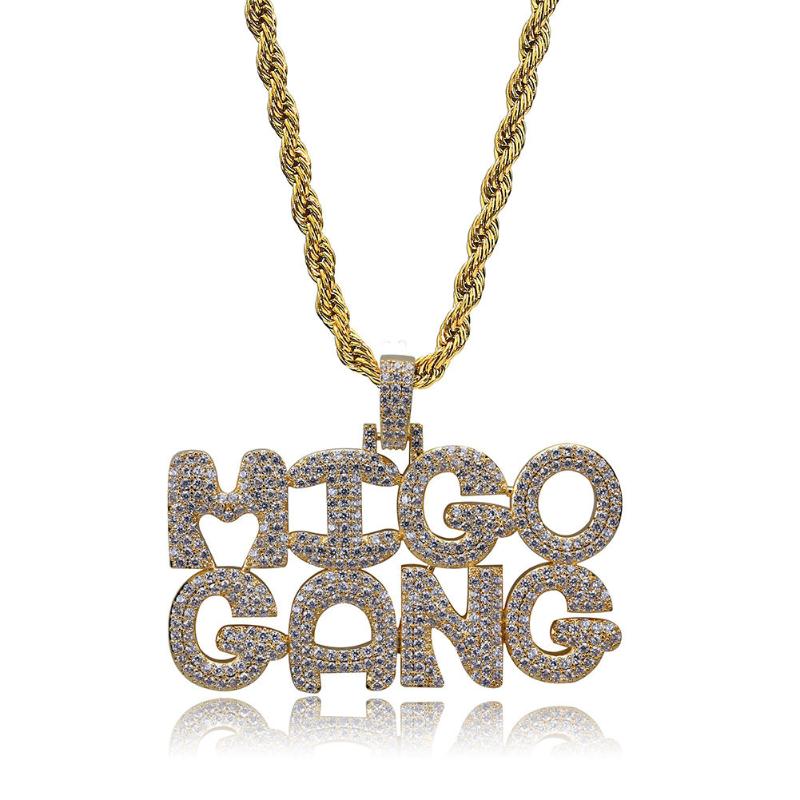 Pendant Necklaces 18k Gold Plated Lab Diamond Necklace Iced Out Letter MIGO GANG Pendent Hip Hop Chain For Men Women
Pendant Necklaces 18k Gold Plated Lab Diamond Necklace Iced Out Letter MIGO GANG Pendent Hip Hop Chain For Men Women