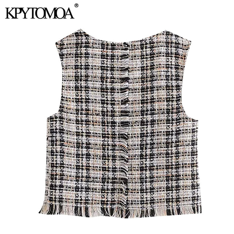 Women Fashion With Frayed Trim Tweed Check Waistcoat Square Collar Sleeveless Female Vest Coat Chic Tops 210420
