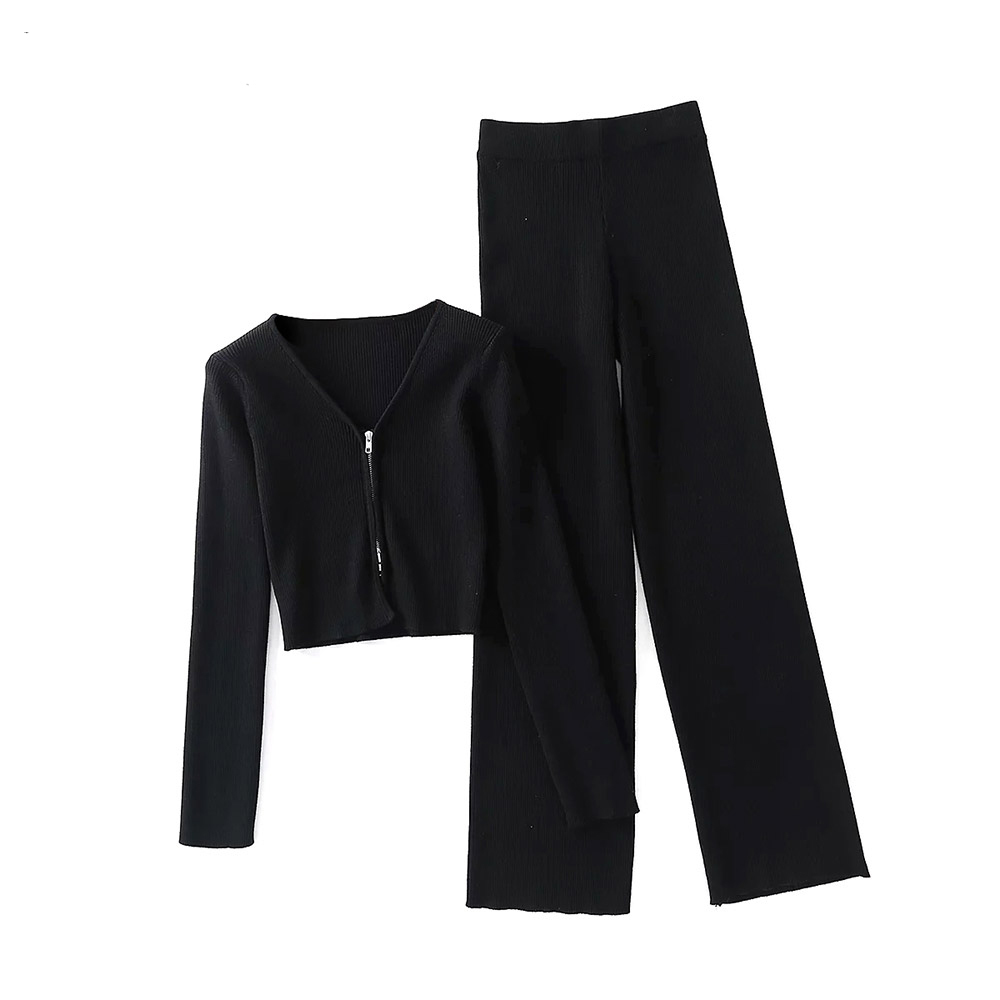 Wonder Women's Knitted Set Double Zipper Long Sleeve Cropped Top + Elastic High Waist Wide Leg Pants Outfits 210510